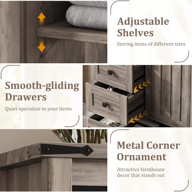 Farmhouse 5 Drawer Dresser for Bedroom, Wood Chest with Sliding Barn Door, Adjustable Shelf