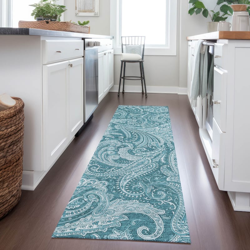 Machine Washable Indoor/ Outdoor Chantille Paisley Traditional Rug - Turquoise - 2'3" x 7'6"