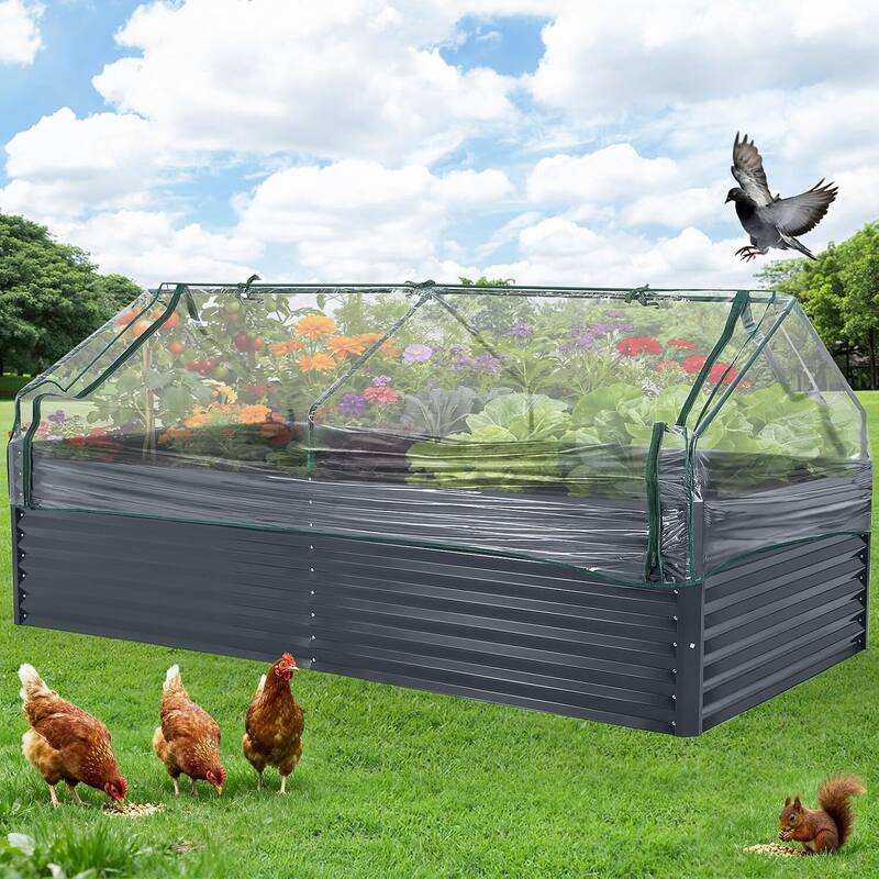 8x4x2 ft Galvanized Raised Garden Bed, Steel Planter Boxes with Zippered Cover Doors - Grey