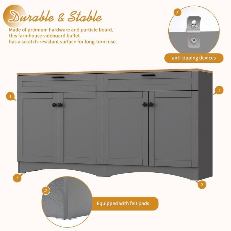 Farmhouse Style TV Stand Versatile Wood Grain Sideboard, for TVs up to 70 Inches with 2 Drawers, for Living Room/Bedroom, Grey