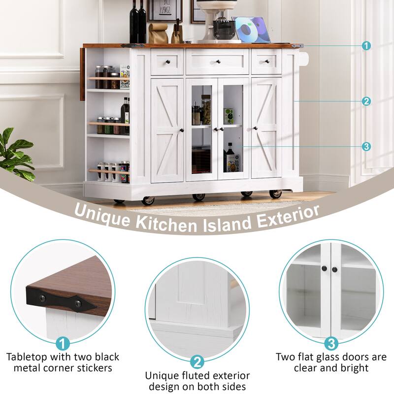 53" Farmhouse Kitchen Island with 2 Tempered Glass Cabinet Doors, Power Outlet, Rolling Kitchen Cart on Wheels with Drop Leaf