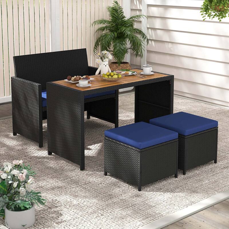 Costway 4 PCS Outdoor Dining Set, Rattan Loveseat Chair & 2 Ottomans - See Details - Black+Blue