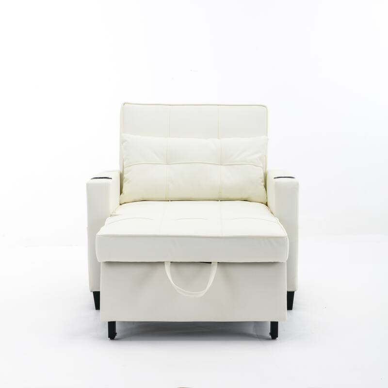 Leather Futon Armchair Bed with USB, Cup Holders & 3-Position Backrest