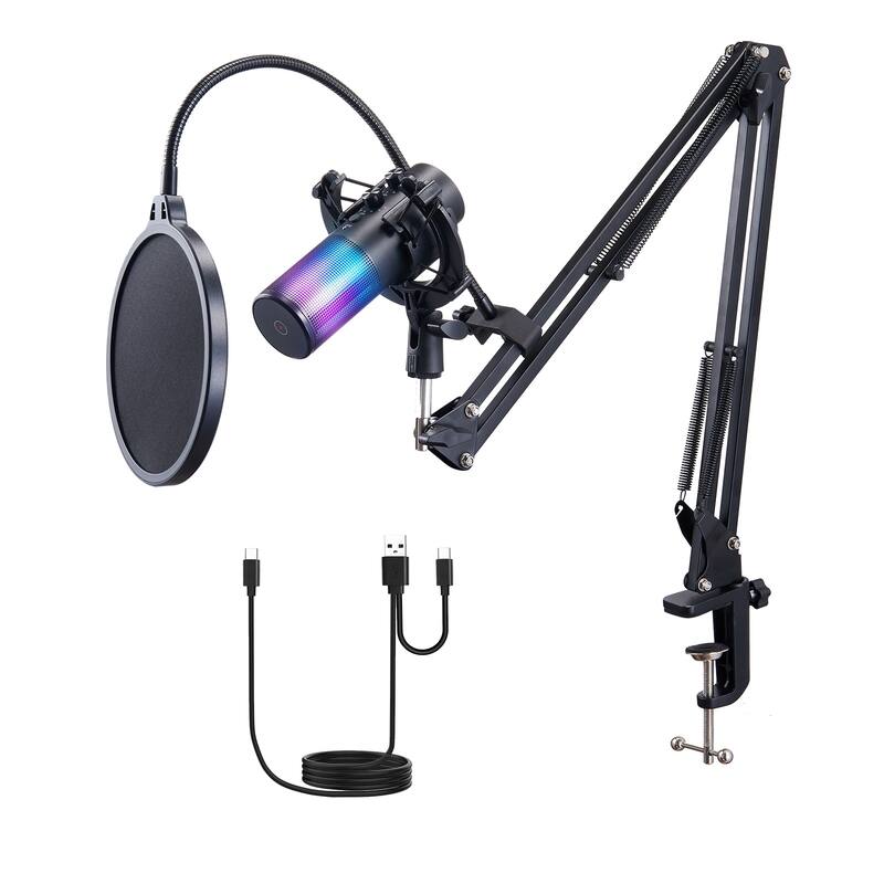 USB Microphone, 192 kHz/24-bit, Professional Condenser Microphone Kit with Boom Arm Stand Pop Filter Shock Mount - with Lighting