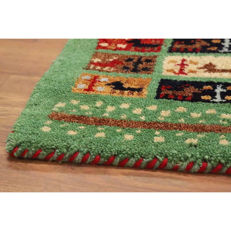 Hand Knotted Oriental 100% Wool Carpet Tribal Animal Pictorial Green Gabbeh Area Rug - 1' 4'' X 1' 4''