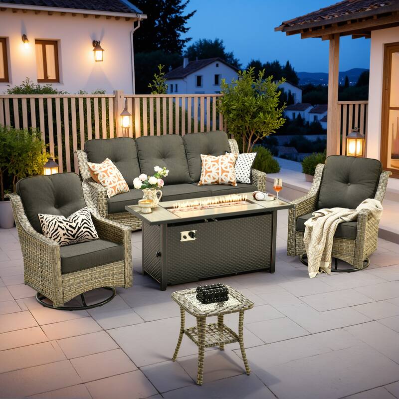 XIZZI 5-Piece Wicker Patio Furniture Set with Sofa, Swivel Chairs & Fire Pit - Black