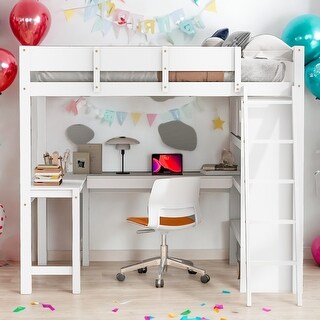 Full Size Loft Bed with Desk and Shelf,Twin Multi-Functional Children's Wooden Loft Bed