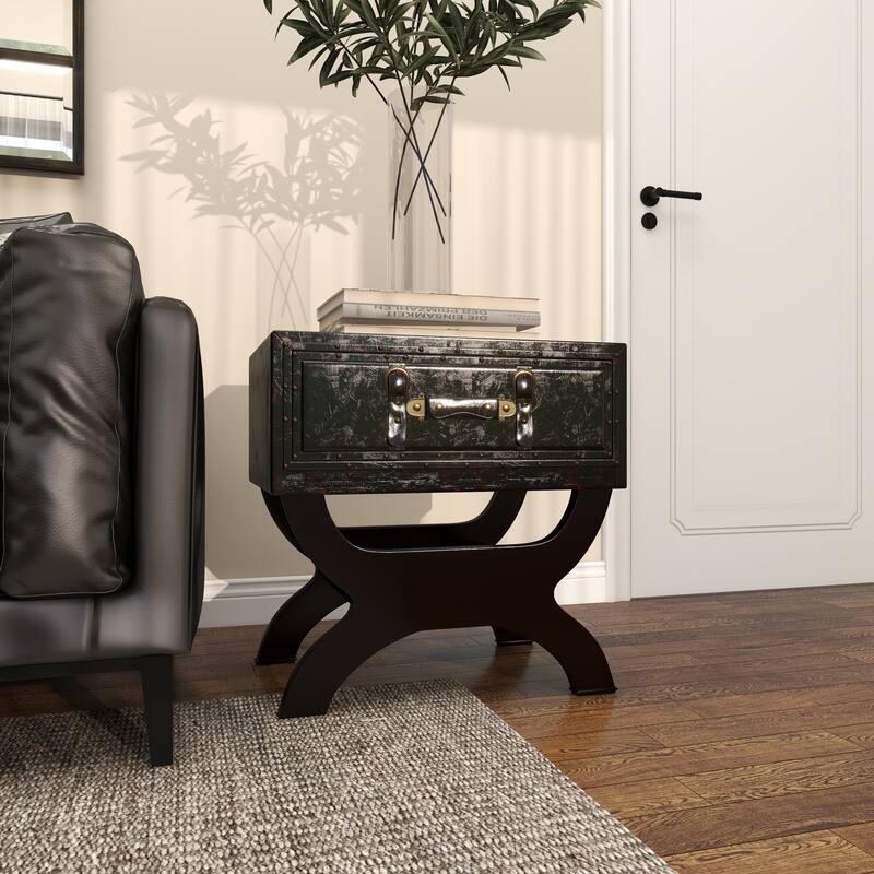Brown Faux Leather Vintage Style Single Drawer Accent Table with Curved Legs