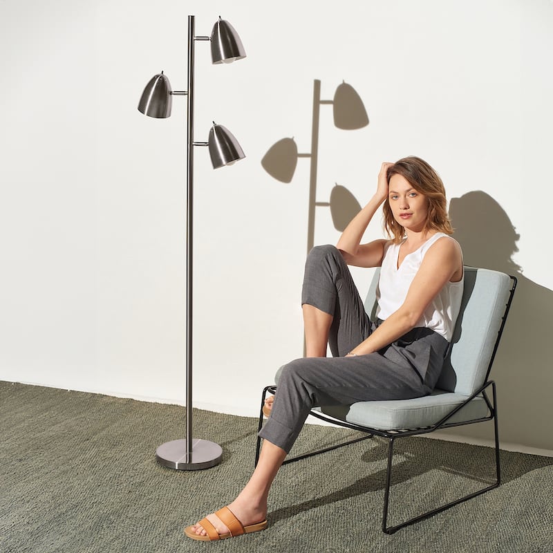 Brightech Jacob 64 in. Brushed Nickel Mid-Century Modern 3-Light Adjustable LED Floor Lamp with 3 Nickel Metal Cone Shades