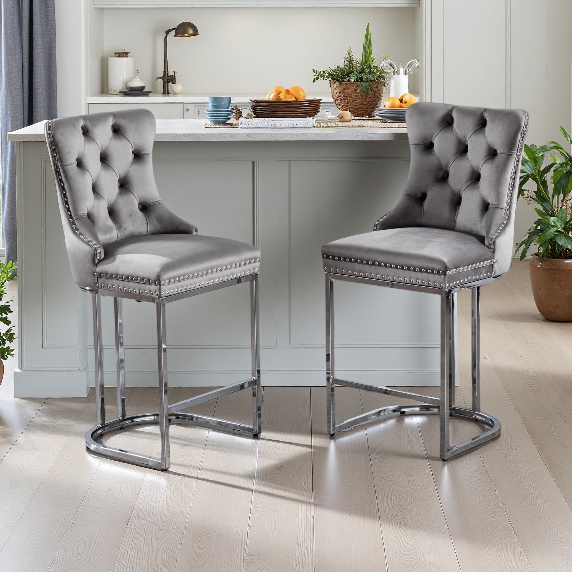 38.32"H Set of 2 Velvet Upholstered Bar Stools with Button Tufted High Back & Rivet Trim-Wingback Design, Chrome Metal Legs
