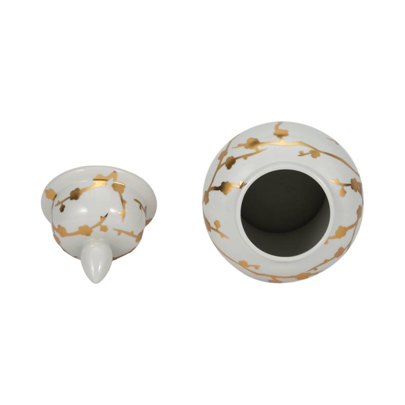 Sagebrook Home Elegance 14" White Ceramic Temple Jar with Gold Cherry Blossom - Chinoiserie Accent Piece