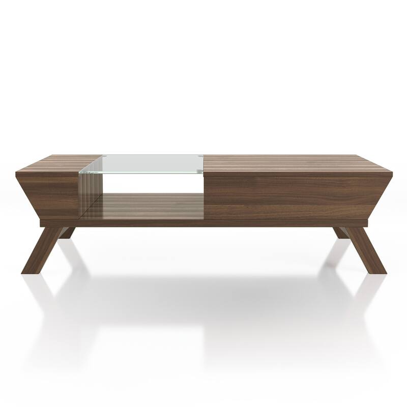 24/7 Shop At Home Mid-Century Walnut 47-inch Glass Insert 1-Shelf Coffee Table