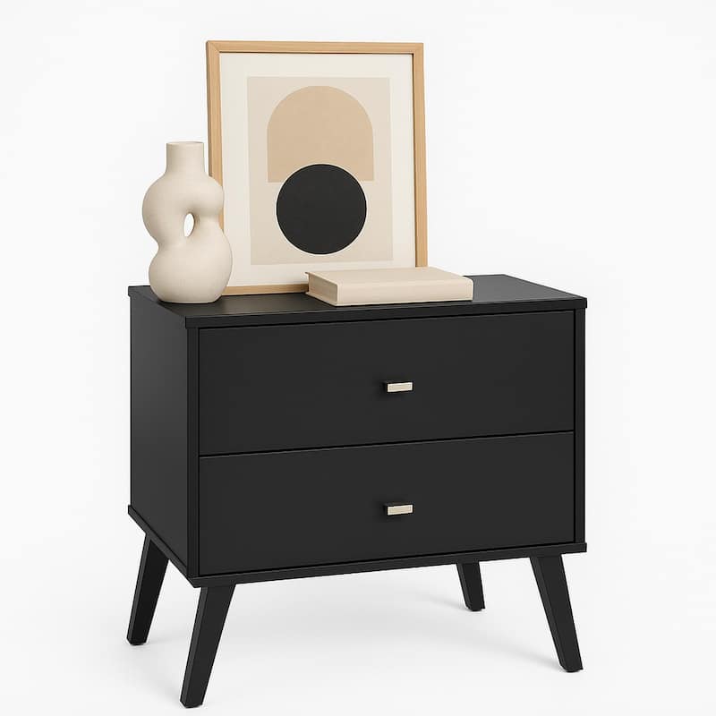 Prepac Milo Mid-Century Modern 2 Drawer Nightstand, Bedside Table, Contemporary Bedroom Furniture - Black