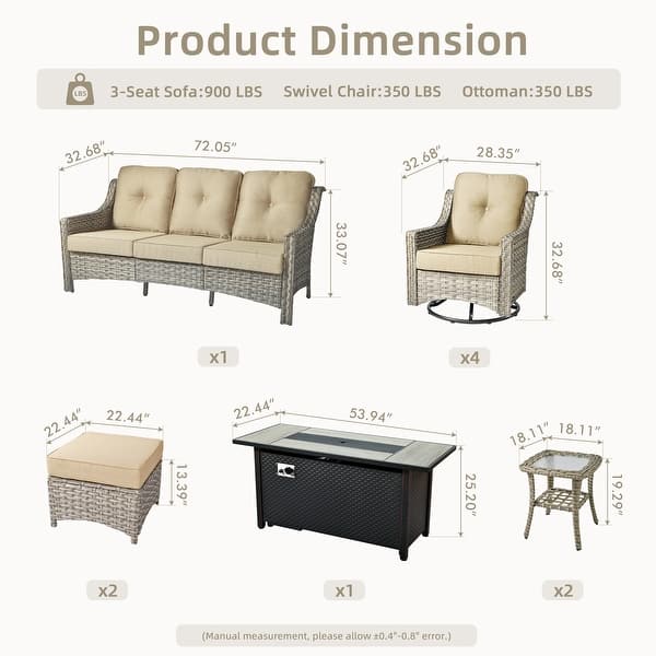 dimension image slide 3 of 8, OVIOS 10-piece Patio Wicker Swivel Rocking Chair Set With Fire Pit