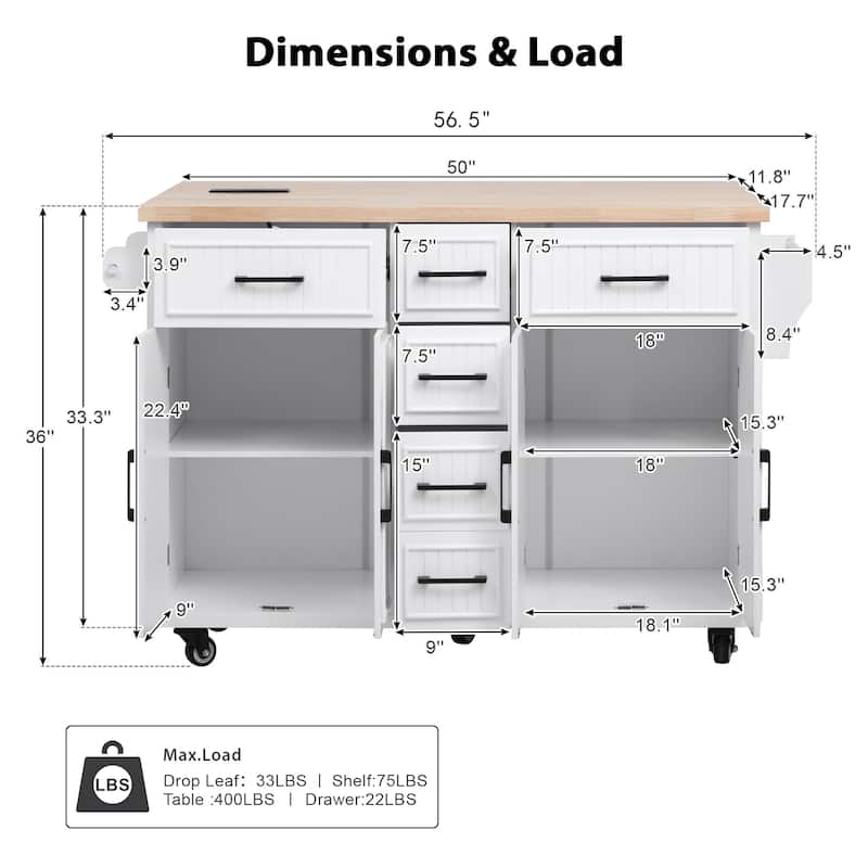 56.5"Kitchen Island with Drop Leaf, Power Outlet, Rolling Kitchen Cart on Wheels with 4 Doors, 5 Drawers and Adjustable Shelves