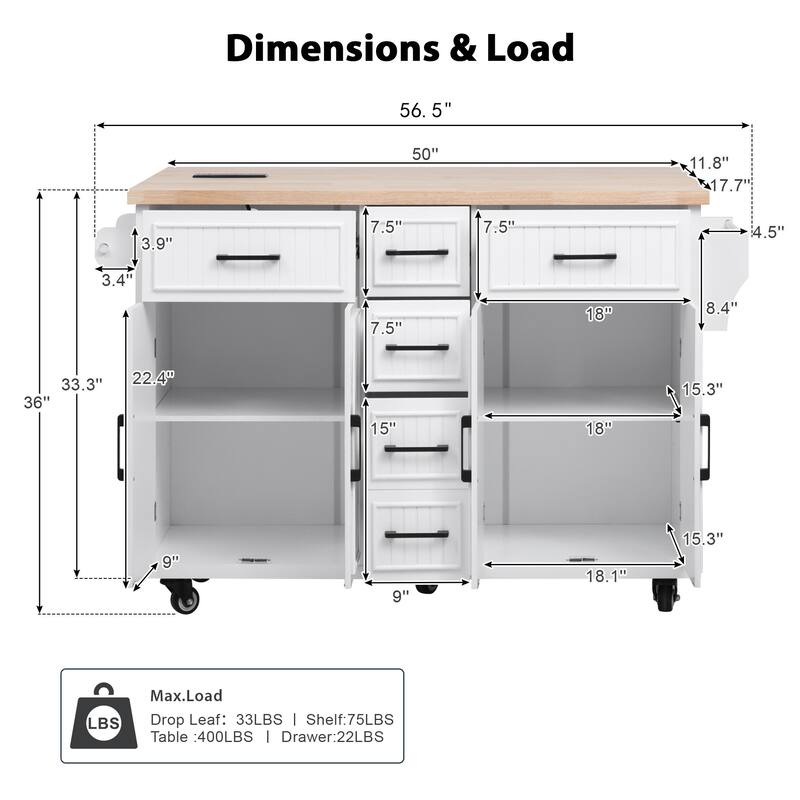 Kitchen Island Embossed Vertical Stripe Rolling Kitchen Cart on Wheels with Drop Leaf,Power Outlet