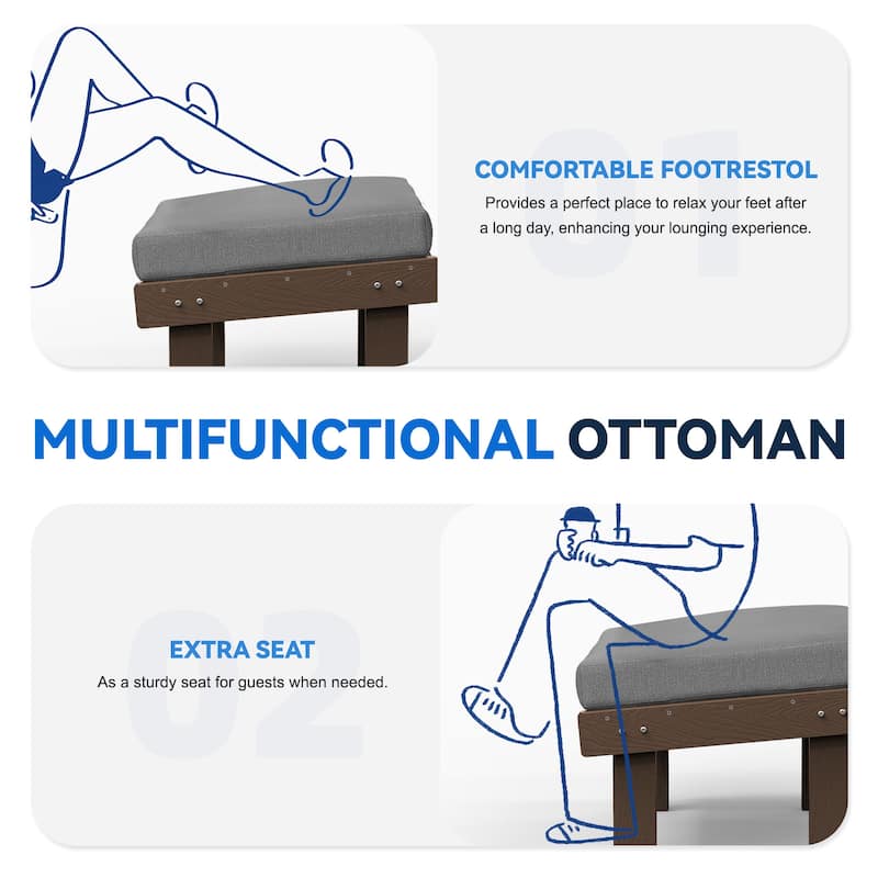 Outdoor Patio HDPE Chair Set with a Movable Ottoman & Removable Cushions
