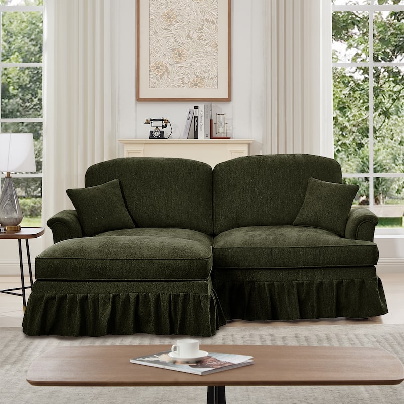 76.4" L Shaped 2-Seat Sectional Sofa, Chenille Couch with Ottoman, Flared Arms Loveseat with Removable Ruffles Pleats Skirts