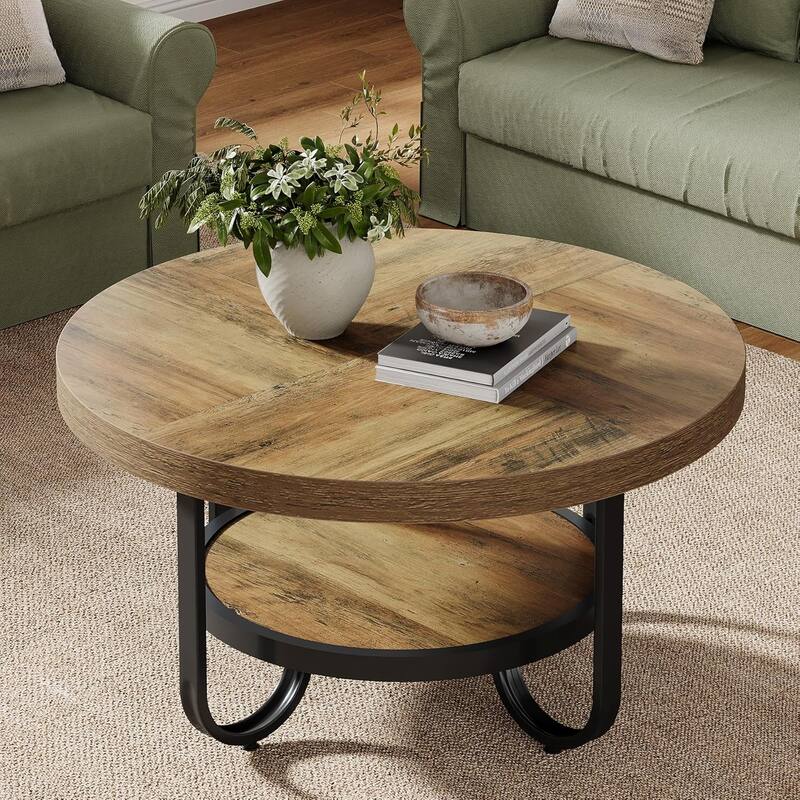 31.1 Inches Brown Engineered Wood Coffee Table, 2-Tier Round Center Table with Metal Legs for Living Room
