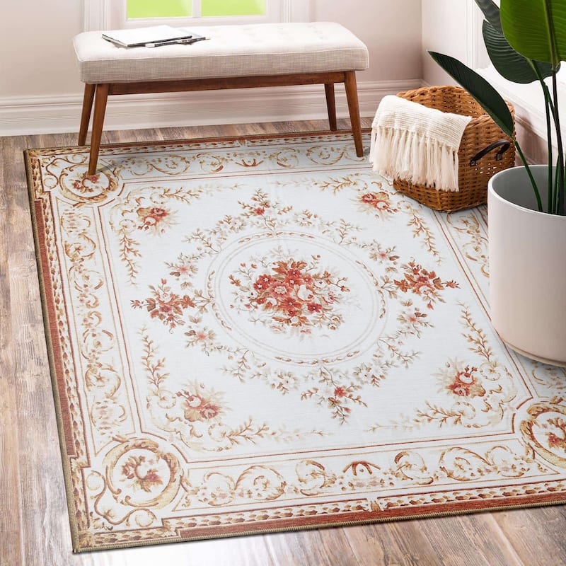 My Magic Carpet Aubusson Beige Machine Washable Rug - 5' x 7'