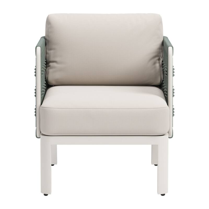 27" Green And White Aluminum Outdoor Accent Chair with White Cushion