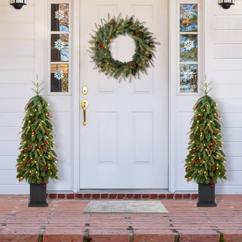 Glitzhome 4ft/6ft/7ft Pre-lit Green Artificial Christmas Porch Tree with Red Berries,Pinecones and 100 Warm White Lights - 2-Piece 4ft