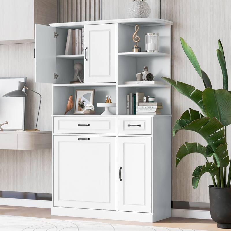 Tall Freestanding Storage Cabinet with Drawers and Doors, Adjustable Shelves, Flip Drawer Design, Modern Organizer Cabinet - White