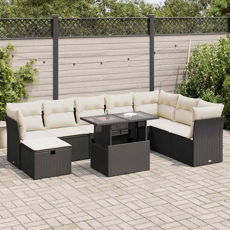 9 Piece Garden Sofa Set with Cushions - Black and cream with storage - 21.7 x 39.4 x 28.7 in