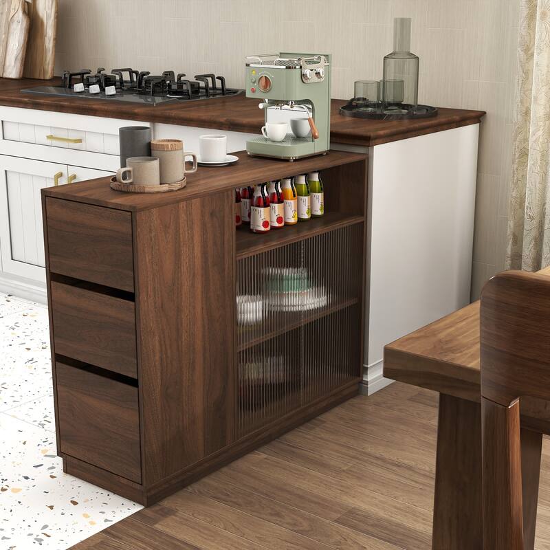 Anmytek Modern Space-Saving Kitchen Sideboard Countertop Storage Cabinet with 2 Glass Sliding Doors 3 Drawers and Display Shelf