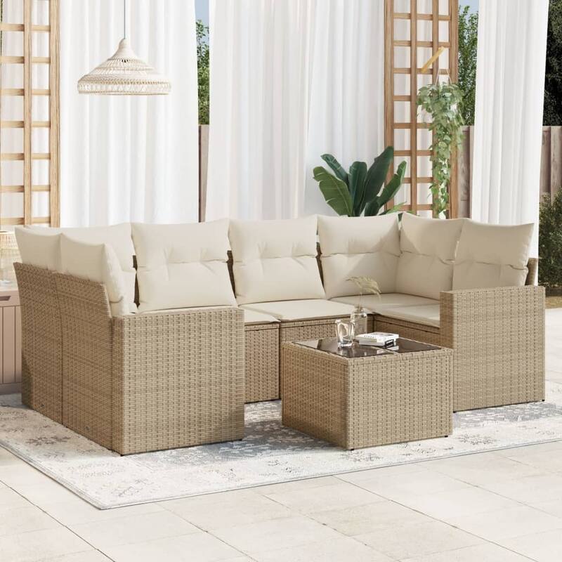vidaXL Patio Sofa Set with Cushions Outdoor Furniture 7 Piece Poly Rattan - 21.7 x 21.7 x 14.6 - Beige and cream