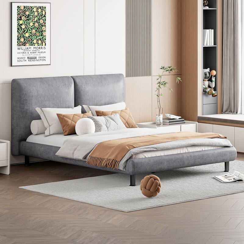 Queen Size Upholstered Platform Bed with Two Large Headrests