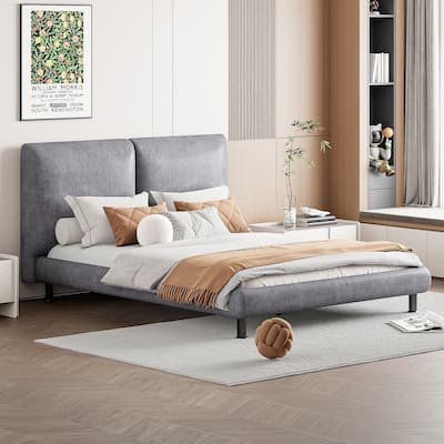 Queen Size Upholstered Platform Bed with Two Large Headrests