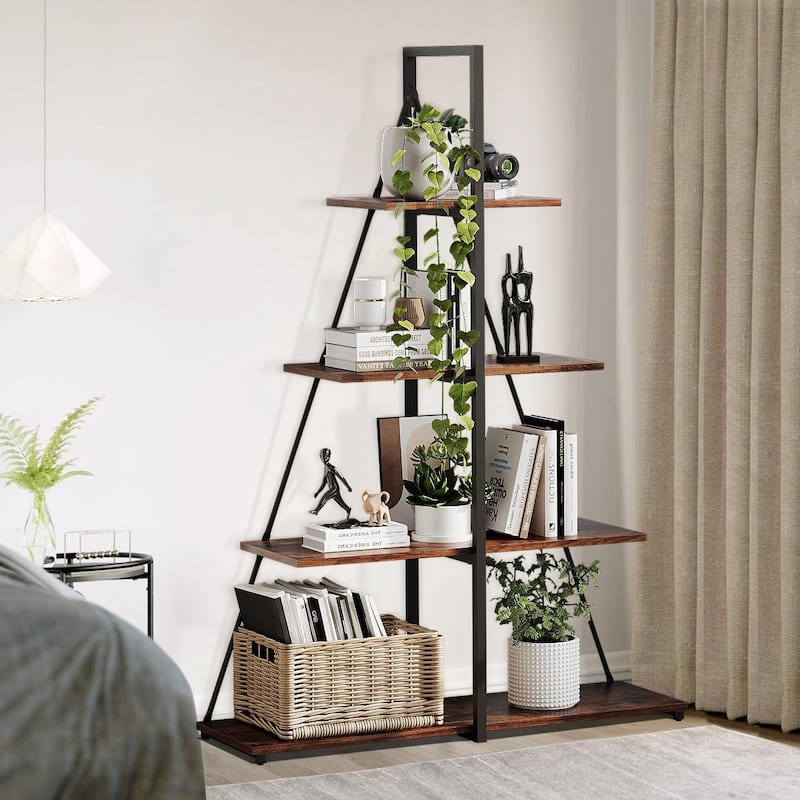 4-Tier A-Frame Ladder Bookshelf, Brown Stylish Ladder Bookcase