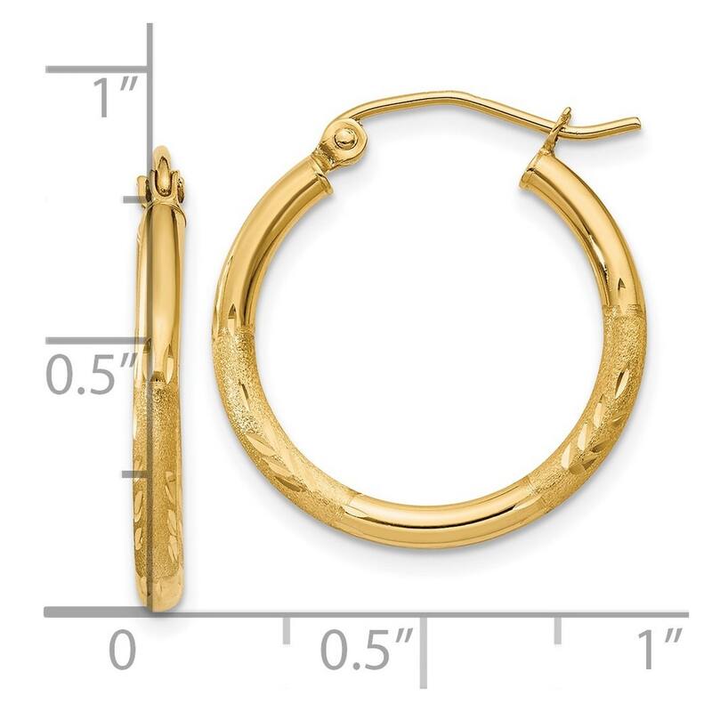 Curata 14k Yellow Gold Satin and Sparkle Cut Round Tube Hoop Earrings - 20x20mm
