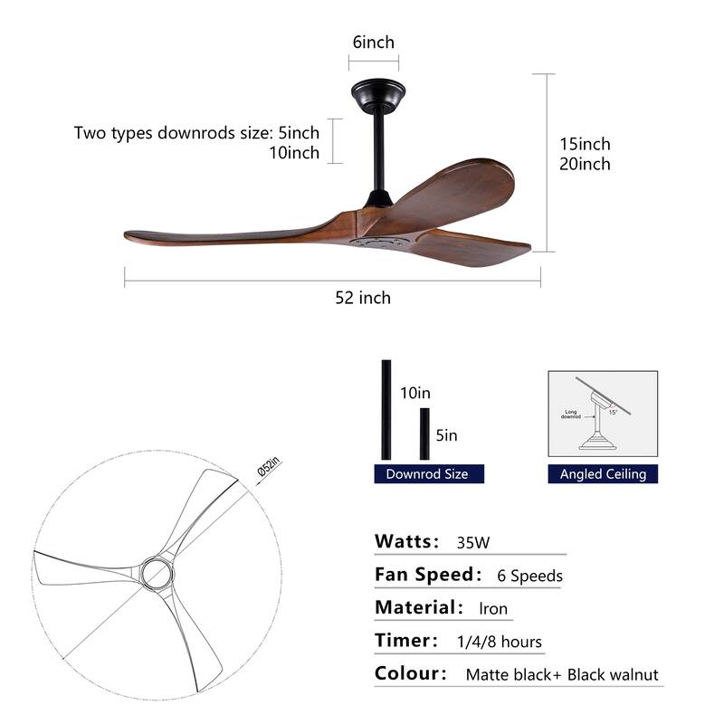 52 Inch Ceiling Fans Without Lights,Solid Wood Ceiling Fan with Remote Control and DC Motor,Ceiling Fan no Light with 3 Blades
