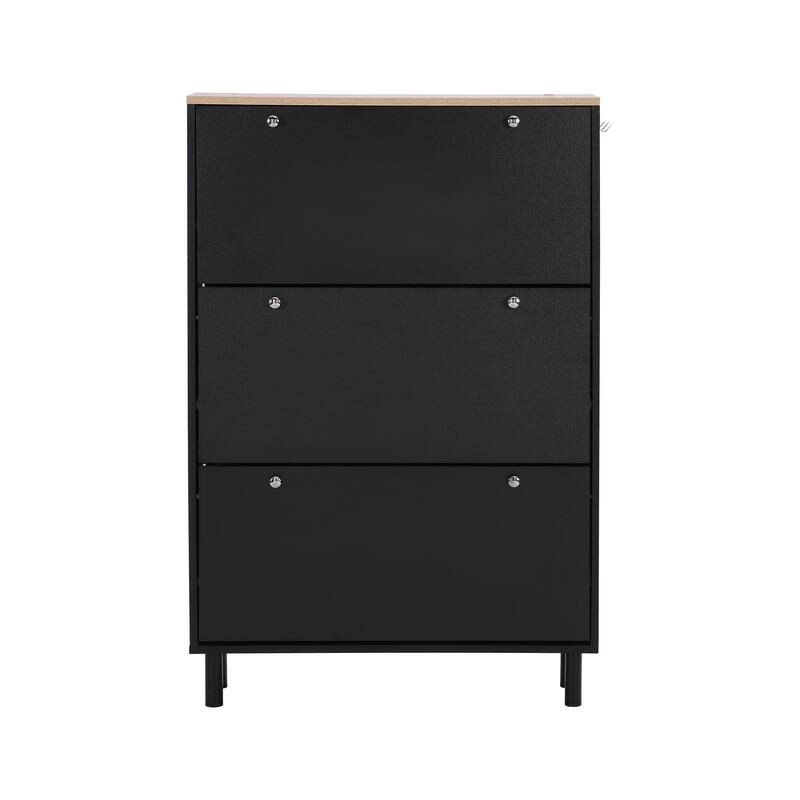 Sleek Narrow Shoe Cabinet with Adjustable Shelves & 3 Flip Drawers, Wood Grain Finish for Entryway Storage