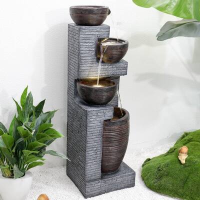 Water Fountain Outdoor Led Lighted Floor Garden Fountains Natural Look - 12.9" L x 12.9" W x 40.1" H