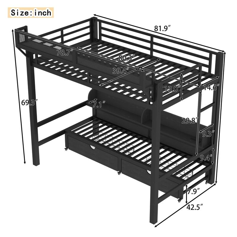 Queen over Queen/Twin XL over Twin XL Metal Bunk Bed with Storage Shelves, Drawers, USB Ports & LED Lights
