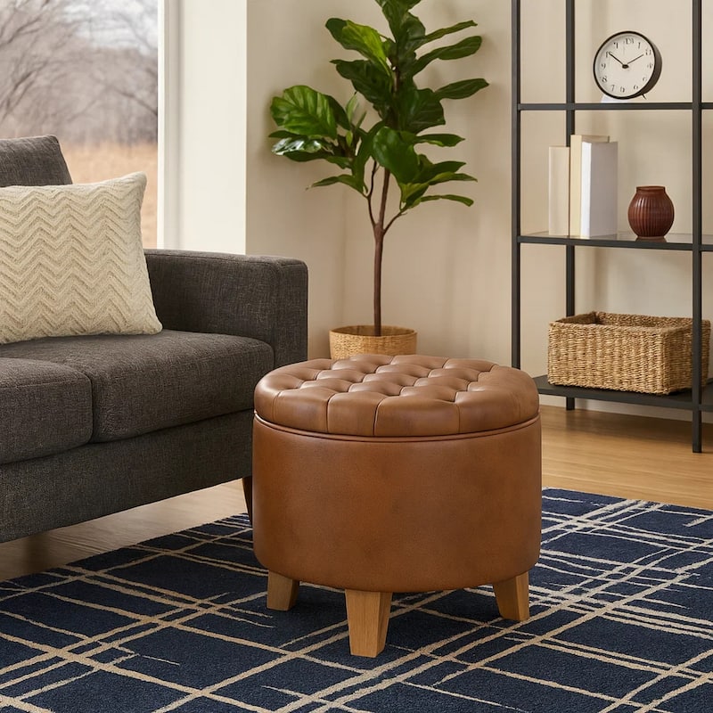 Wes Round Storage Ottoman, Brown Faux Leather, Hardwood, 19 Inch
