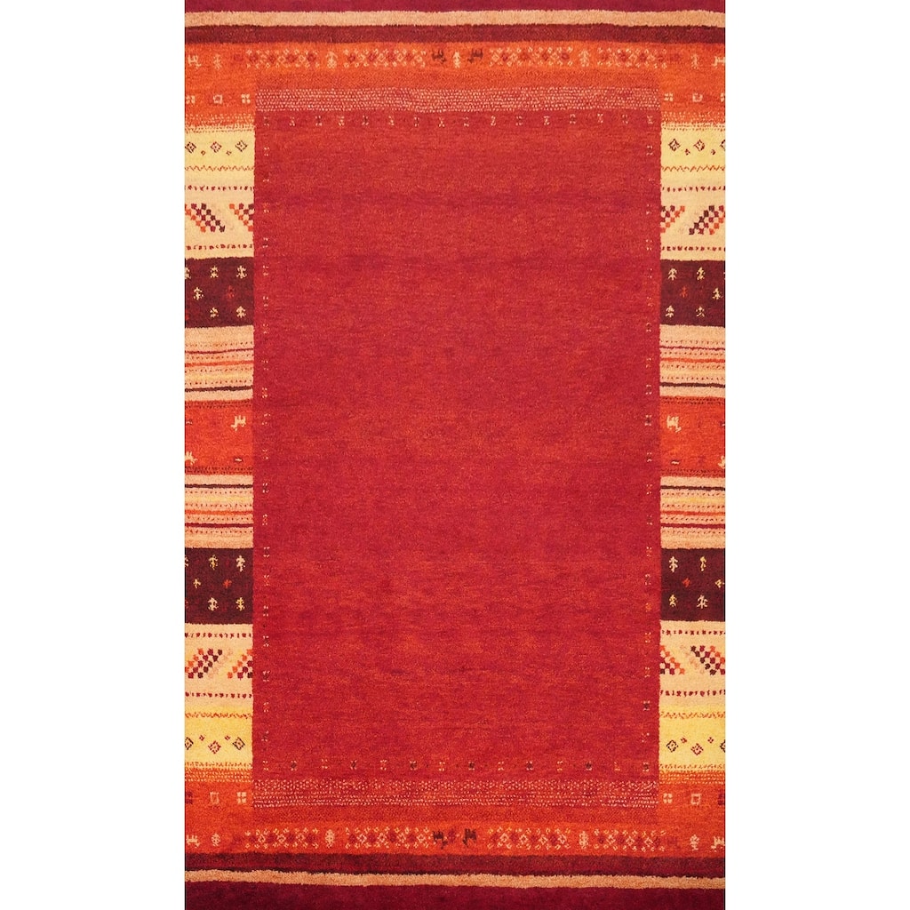Hand Knotted Oriental 100% Wool Carpet Modern Bordered Red Gabbeh Area Rug - 7' 11'' X 5' 4''