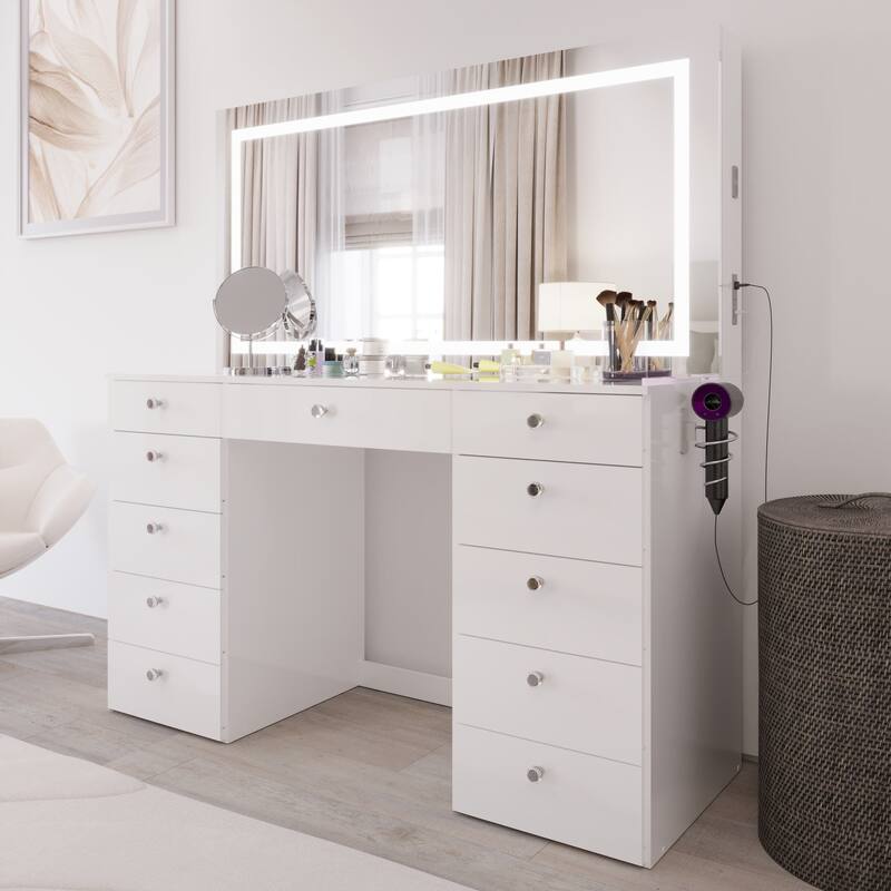 Extra-Large Vanity Desk with LED Mirror, Bluetooth Speakers, 11 Drawers and USB Ports