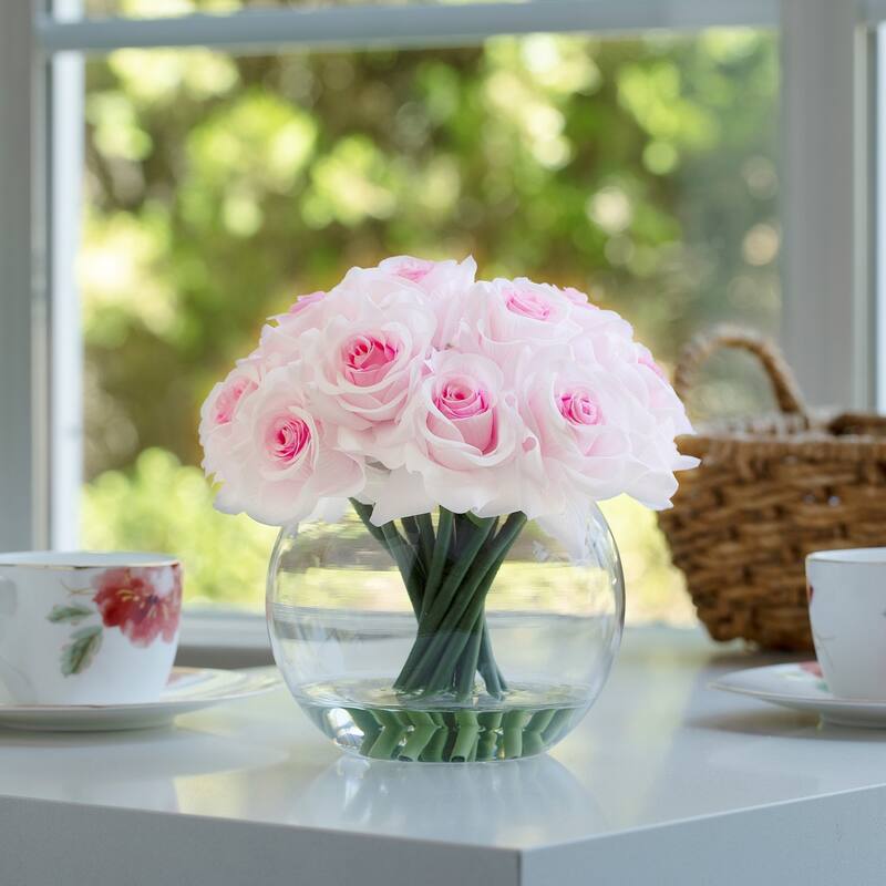 Enova Home 16 Heads Artificial Silk Rose Flowers in Round Glass Vase With Faux Water For Home Wedding Decoration
