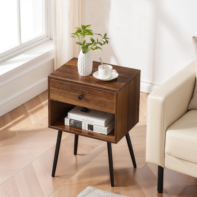 Javlergo Set of 2 Mid-century Modern Nightstand for Bedroom with Storage Drawer and Shelf Small Side End Table for Living Room