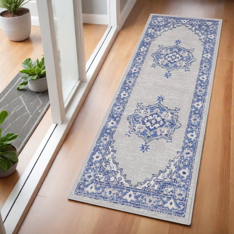 Fote Power Loomed Abstract Floral Traditional Stain Resistant Area Rug By HomeRoots - 72' X '24' X '0.39 - 72' X '24' X '0.39 - Oxford Blue - Runner