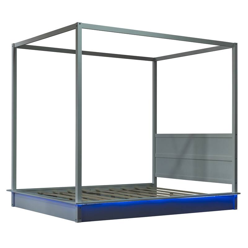 Queen Size Solid Wood LED Canopy Bed with 4-Post Frame and Headboard, Modern Floor Bed, Wooden Canopy Bed Frame for Bedroom