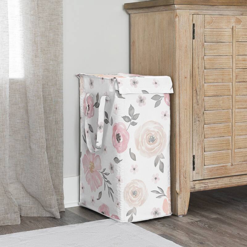 Sweet Jojo Designs Blush Pink Grey Boho Floral Girl Foldable Laundry Hamper with Handles Bohemian Farmhouse Shabby Watercolor