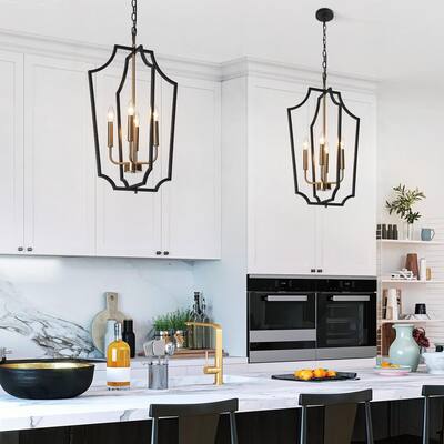 Modern Farmhouse 4-Light Black Gold Lantern Chandeliers Metal Pendant Light for Dining Room