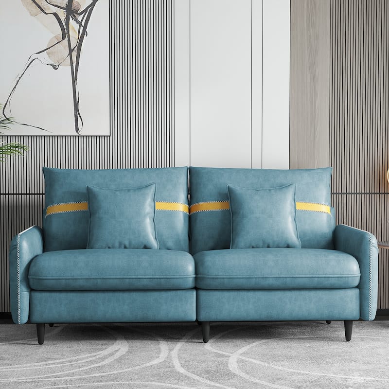 3-Seat Sofa Couch, Mid-Century Tufted Love Seat With 2 Pillows for Living Room - Blue
