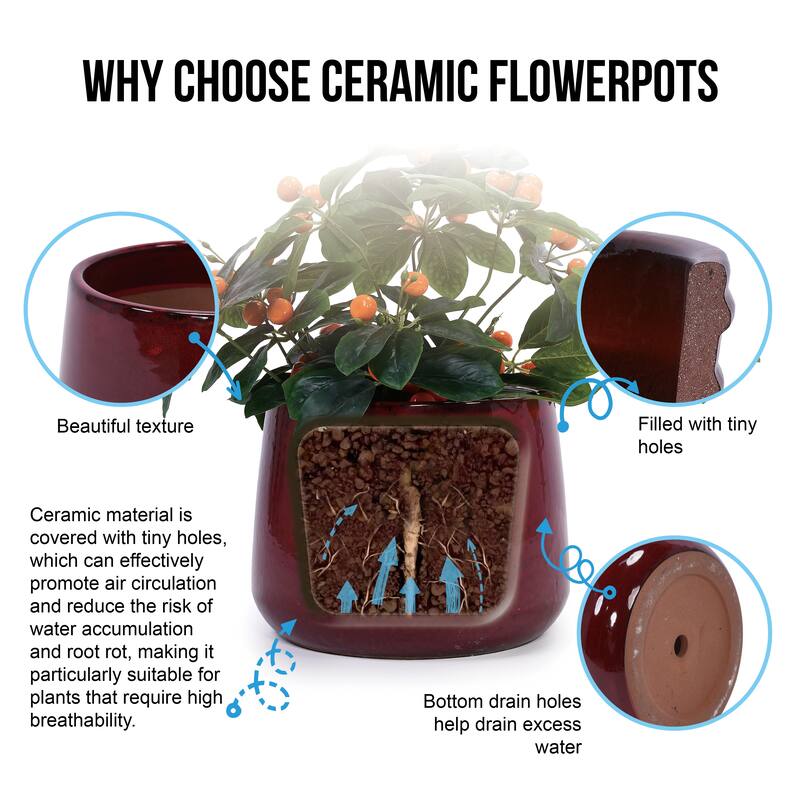 Handmade Ceramic Flower Pot Set of 4, 7/9/11/14 Inch Diameter, Deep Red Speckled Glaze for All Flowers, Indoor/Outdoor Use