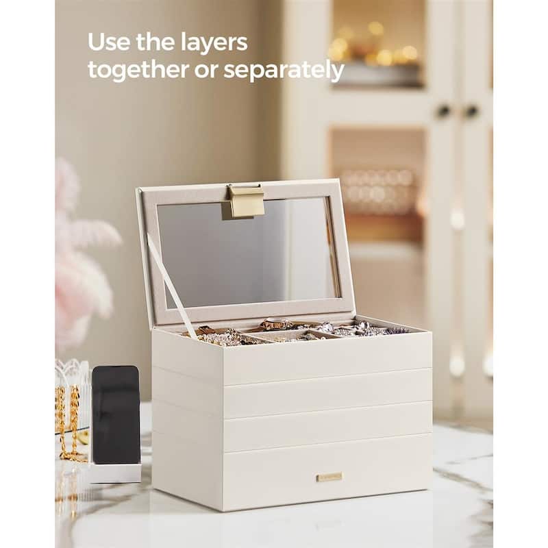 Multi-Layer Jewelry Storage Box with Stackable Trays and Soft Velvet Interior Protection and Glass Lid